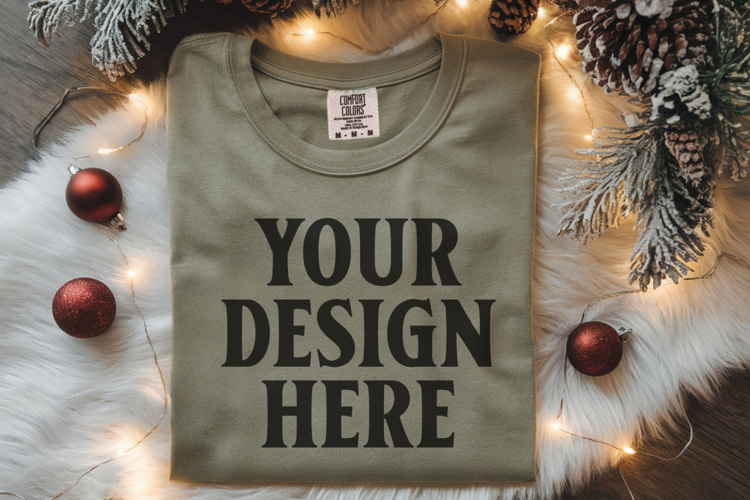Moss Comfort Colors 1717 Christmas Folded T-Shirt Mockup
