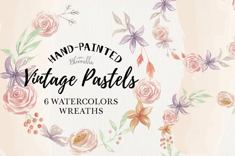 Vintage Pastels 6 Wreaths Watercolor Florals Purple Wedding