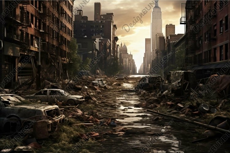 Post-apocalyptic cityscape with abandoned cars example image 1