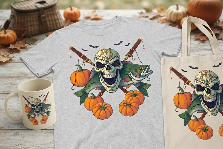 Spooky Fishing Skull Bass Halloween Design with Pumpkins