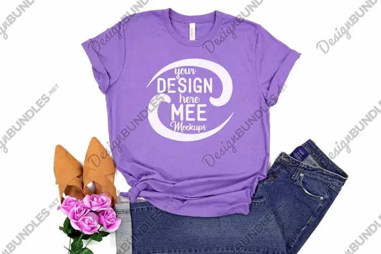 Heather Team Purple T-shirt Mockup, Bella Canvas Flat Lay