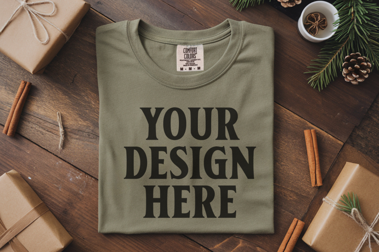 Moss Comfort Colors 1717 Christmas Folded T-Shirt Mockup