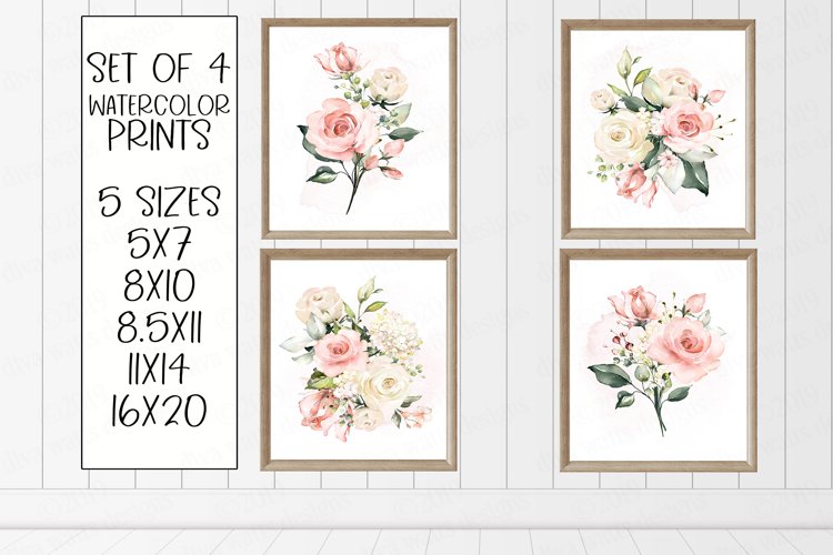 Watercolor Roses and Greenery Print Set of 4 Prints