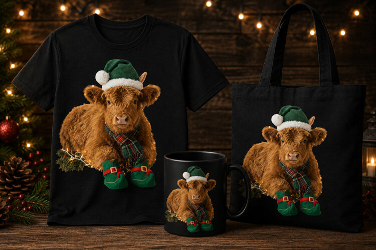 Christmas Highland Cow PNG with Elf Hat & Boots Design example image 1