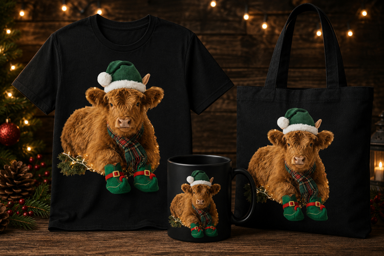 Christmas Highland Cow PNG with Elf Hat & Boots Design