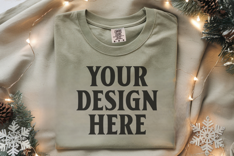 Moss Comfort Colors 1717 Christmas Folded T-Shirt Mockup