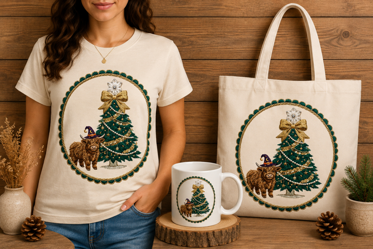 Embroidered Christmas Tree Wizard Hat Cow Holiday Print