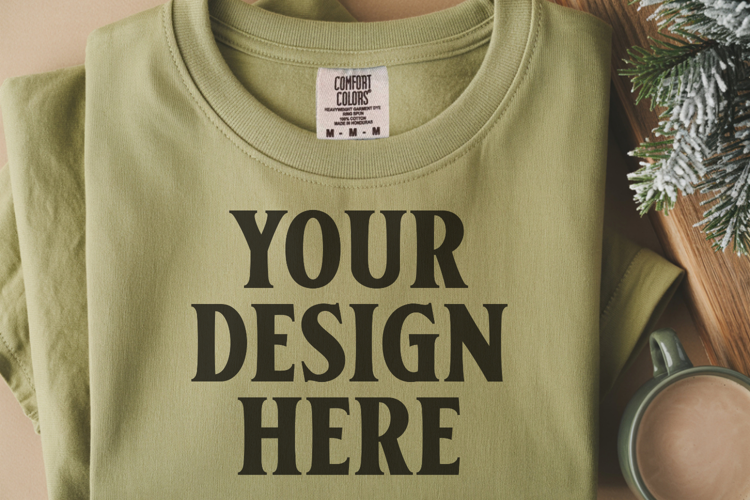 Moss Comfort Colors 1717 Christmas Folded T-Shirt Mockup
