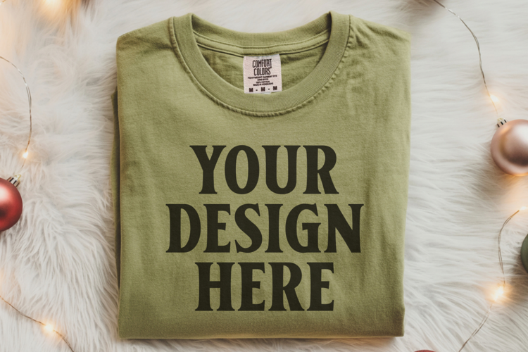 Moss Comfort Colors 1717 Christmas Folded T-Shirt Mockup