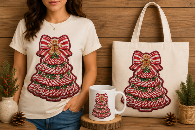 Gingerbread Candy Cane Christmas Tree Embroidery Design