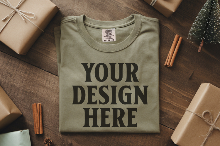Moss Comfort Colors 1717 Christmas Folded T-Shirt Mockup