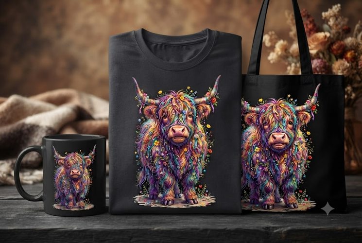 Colorful Highland Cow PNG with Floral Rainbow Fur & Horns