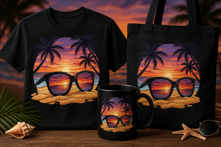 Tropical Sunset Beach Sunglasses PNG Summer Vacation Art