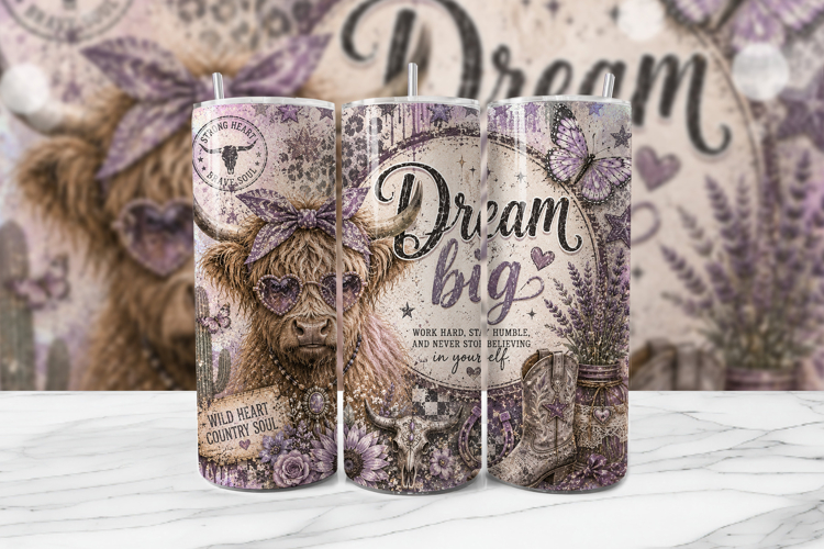 Dream Big Lavender Highland Cow Tumbler