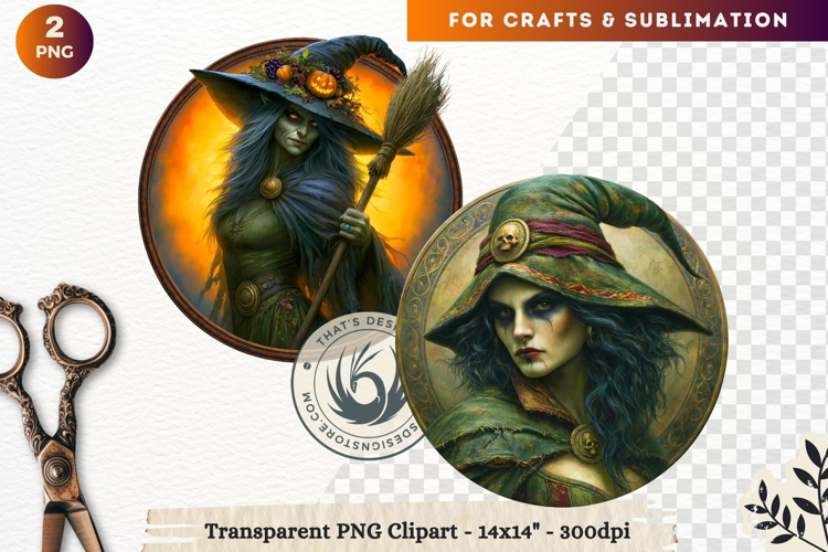 Dark Fantasy Halloween Witches Medallion Clipart sublimation