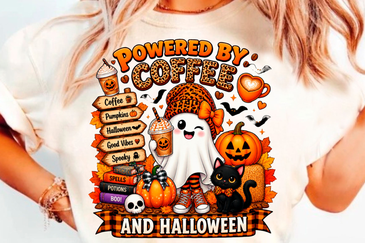 Powered By Coffee And Halloween Cute Ghost Pumpkin T-Shirt