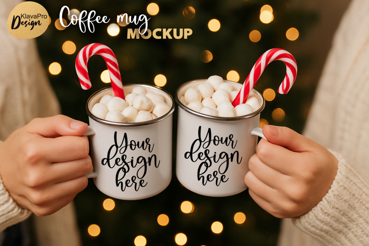 Two Christmas Mug Mockup | Double Enamel Cup | JPG PNG