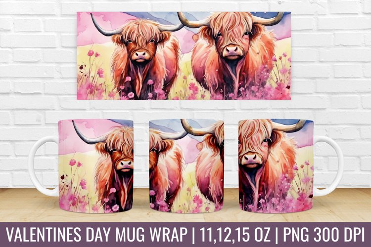 Valentines Day Highland Cow Mug Wrap|Mug Watercolor Design example image 1