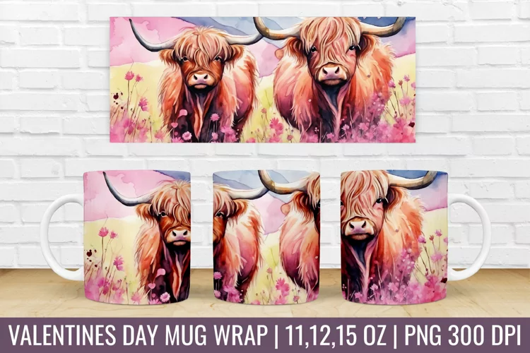 Valentines Day Highland Cow Mug Wrap|Mug Watercolor Design