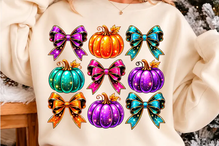 Glitter Halloween Pumpkins and Bows PNG