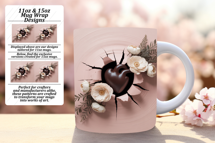 Lovely 15oz Mug Wrap Png Design , 3D Heart