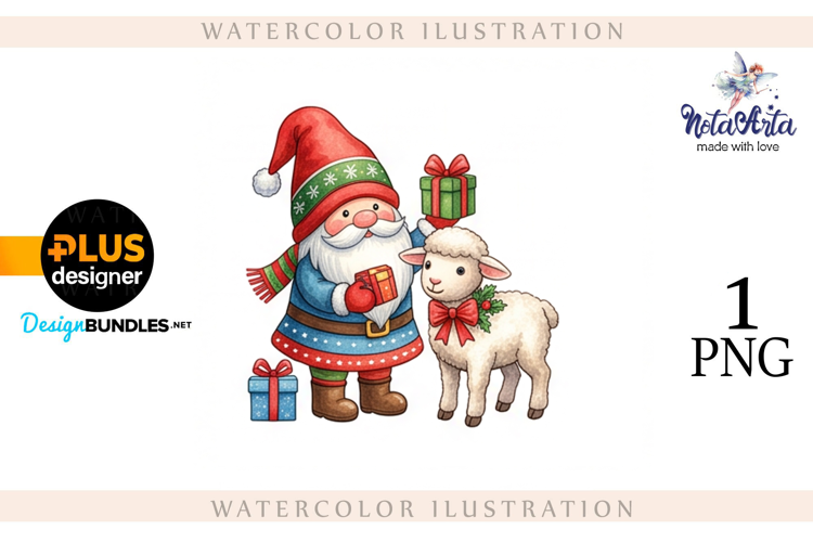 Christmas Gnome Santa with a Sheep in Watercolor Style