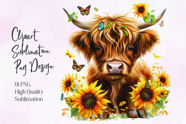 Highland Cow Sunflower Floral Sublimation PNG