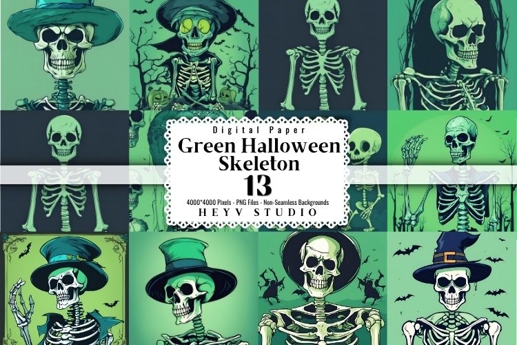 Green Halloween Freaky Skeleton Digital Paper, Evil Skeleton