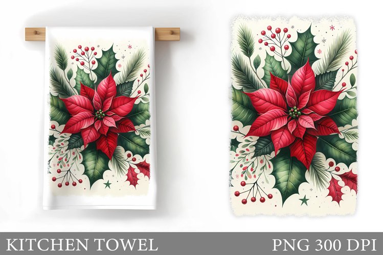 Poinsettia Kitchen Towel. Christmas Kitchen Towel Design
