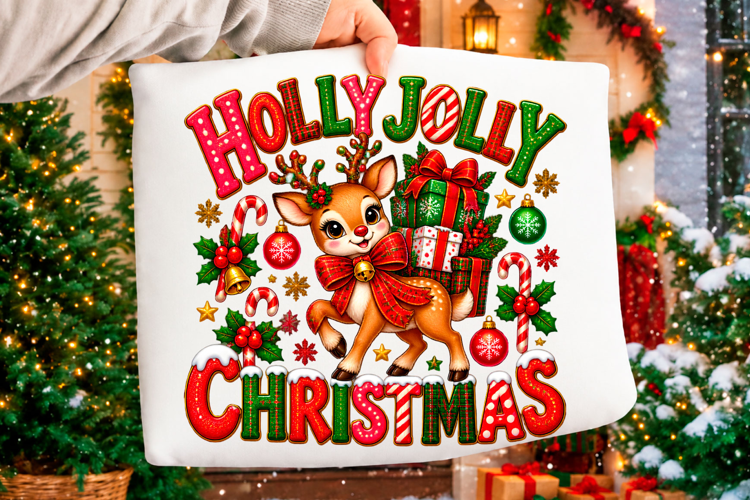Holly jolly Christmas reindeer holiday typography with festi