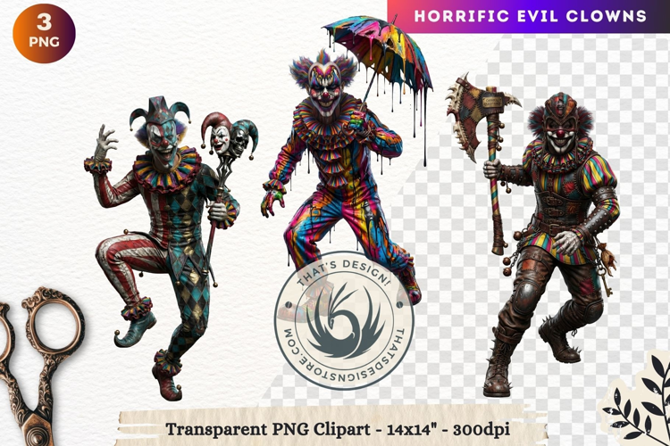 Horrific Evil Clown Clipart - Creepy Circus PNG Graphics