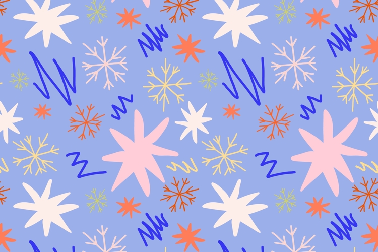 Blue whimsical hand drawn Christmas pattern with snowflakes