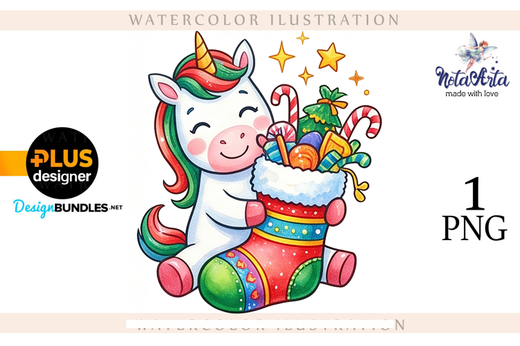 Christmas Unicorn Watercolor Illustration