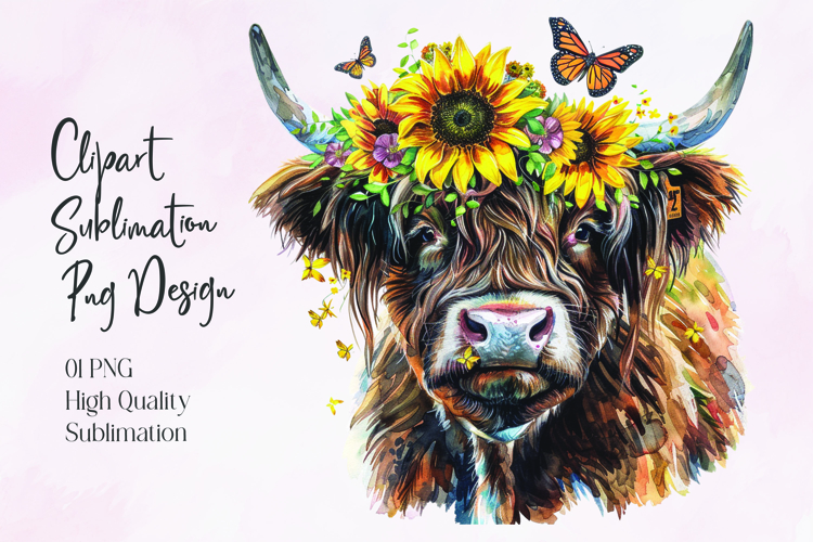 Highland Cow Sunflower Floral Sublimation PNG