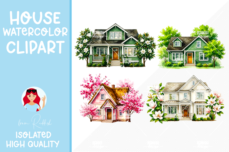 4 Cozy Watercolor House Clipart