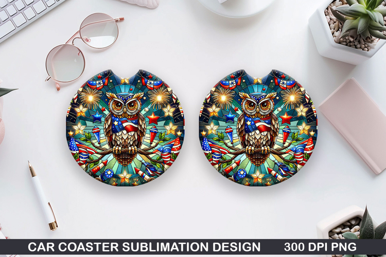 Owls Car Coaster Sublimation, 4th Of July Coaster PNG