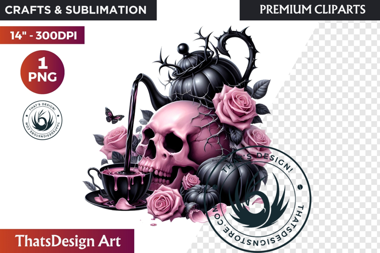 Pink and Black Gothic Halloween Skulls Clipart, pastel goth