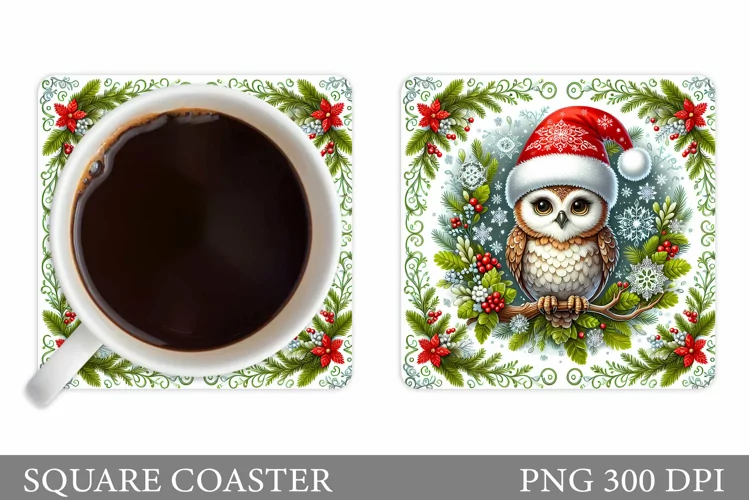 Christmas Owl Coaster Sublimation. Christmas Coaster Design