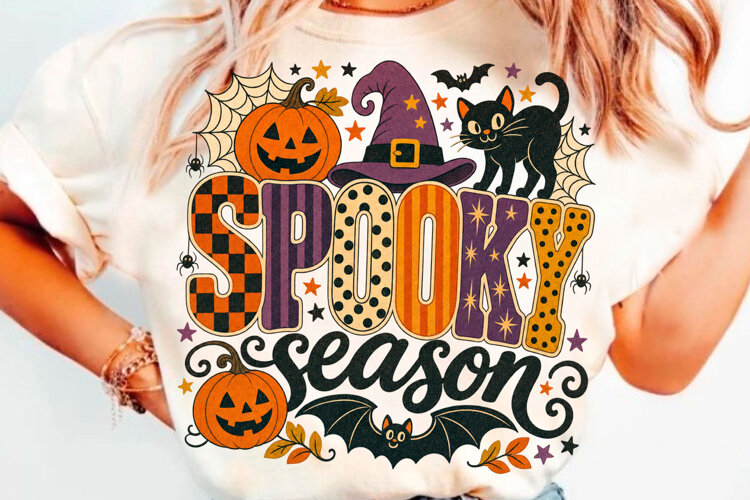 Spooky Season Halloween T-Shirt Design With Black Cat, Witch example image 1