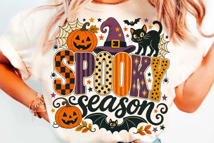 Spooky Season Halloween T-Shirt Design With Black Cat, Witch