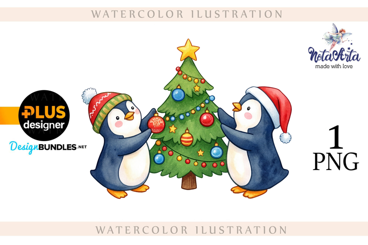 Christmas Penguins in Watercolor Style