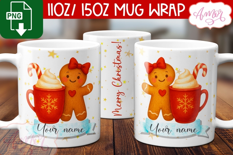 Cute Christmas mug wrap PNG, Gingerbread cookie mug template
