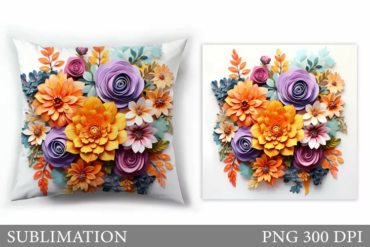 3D Flowers Pillow Design. Floral Sublimation