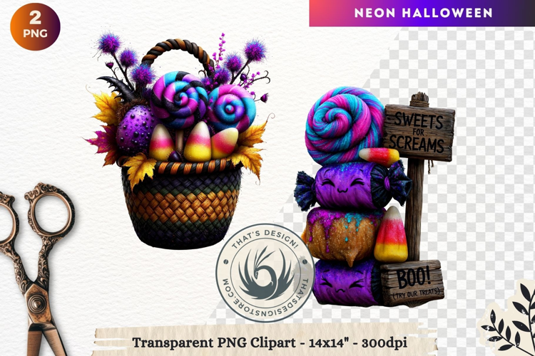Neon Halloween Character Clipart Spooky Kawaii treats PNG