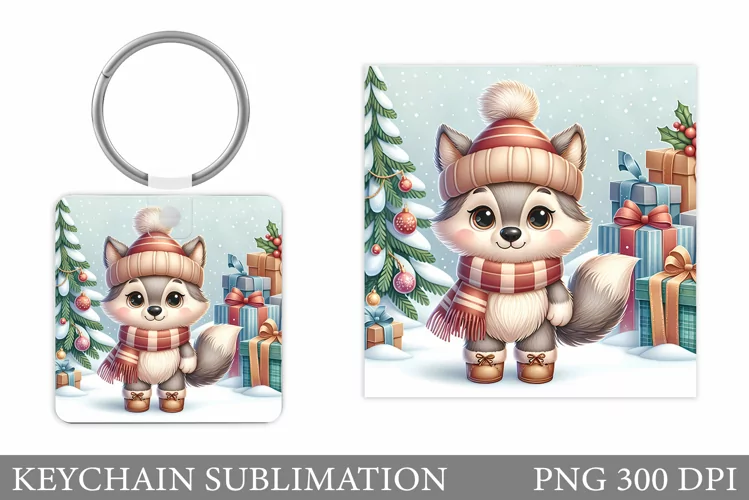 Christmas Wolf Keychain. Christmas Keychain Sublimation