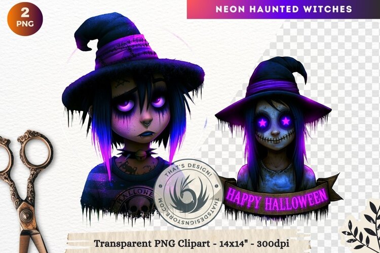 Neon Haunted Witches Clipart, Spooky Kawaii Halloween PNG example image 1