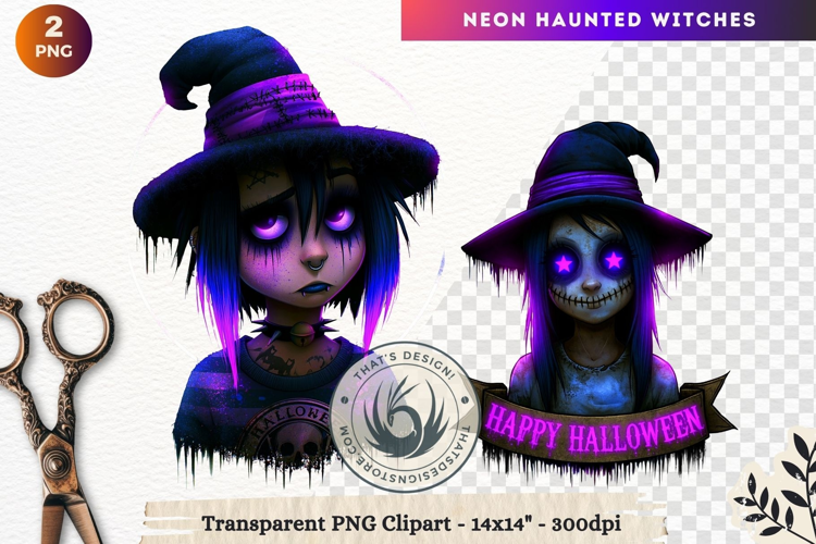 Neon Haunted Witches Clipart, Spooky Kawaii Halloween PNG