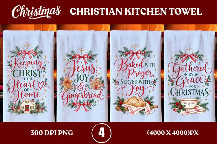 4 Christian Christmas Kitchen Towel PNGs, 4 Jesus Christmas