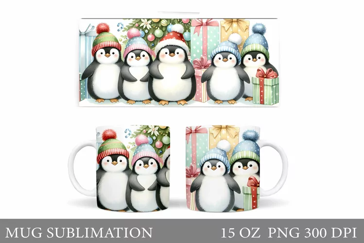 Cute Penguin Mug Design. Christmas Mug Sublimation