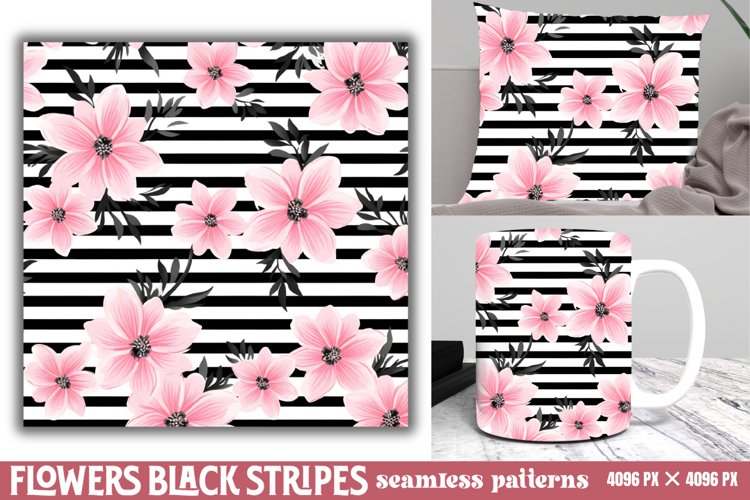 Flowers Black Stripes Digital Paper